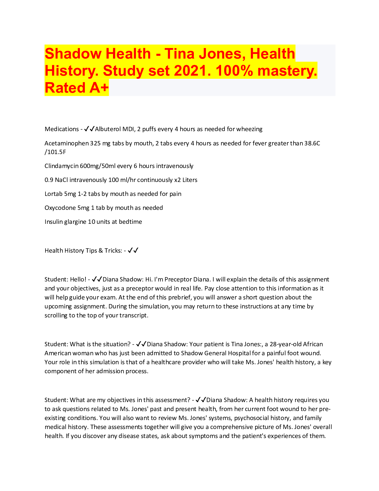 Preview image for Shadow Health - Tina Jones, Health History. Study set 2021. 100% mastery. Rated A+